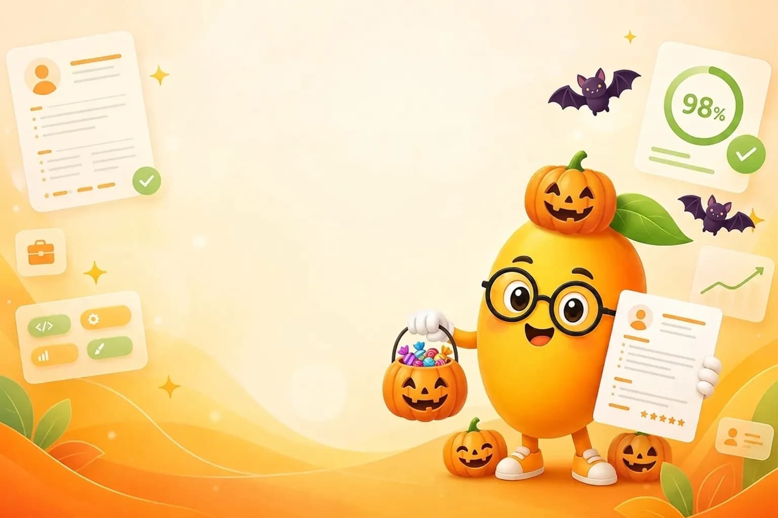 The MangoCV mango mascot in a little pumpkin hat, holding a candy bucket next to an ATS-optimized resume